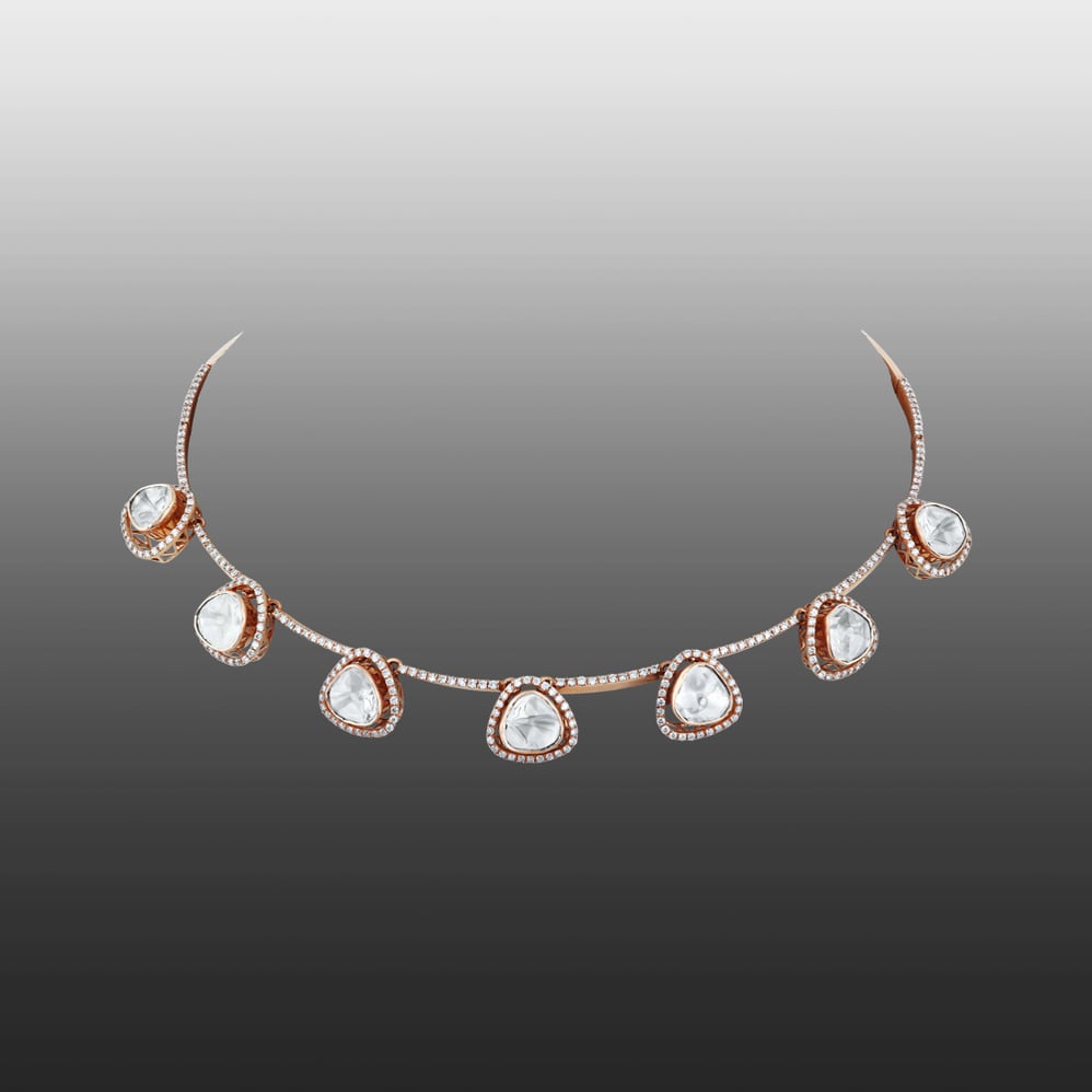 Rose Gold Polki Necklace with Brilliant-Cut Diamond Halo